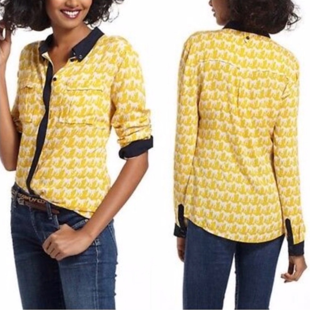 Maeve Anthropology Yellow Horse Bagatelle Button Down Women's Top